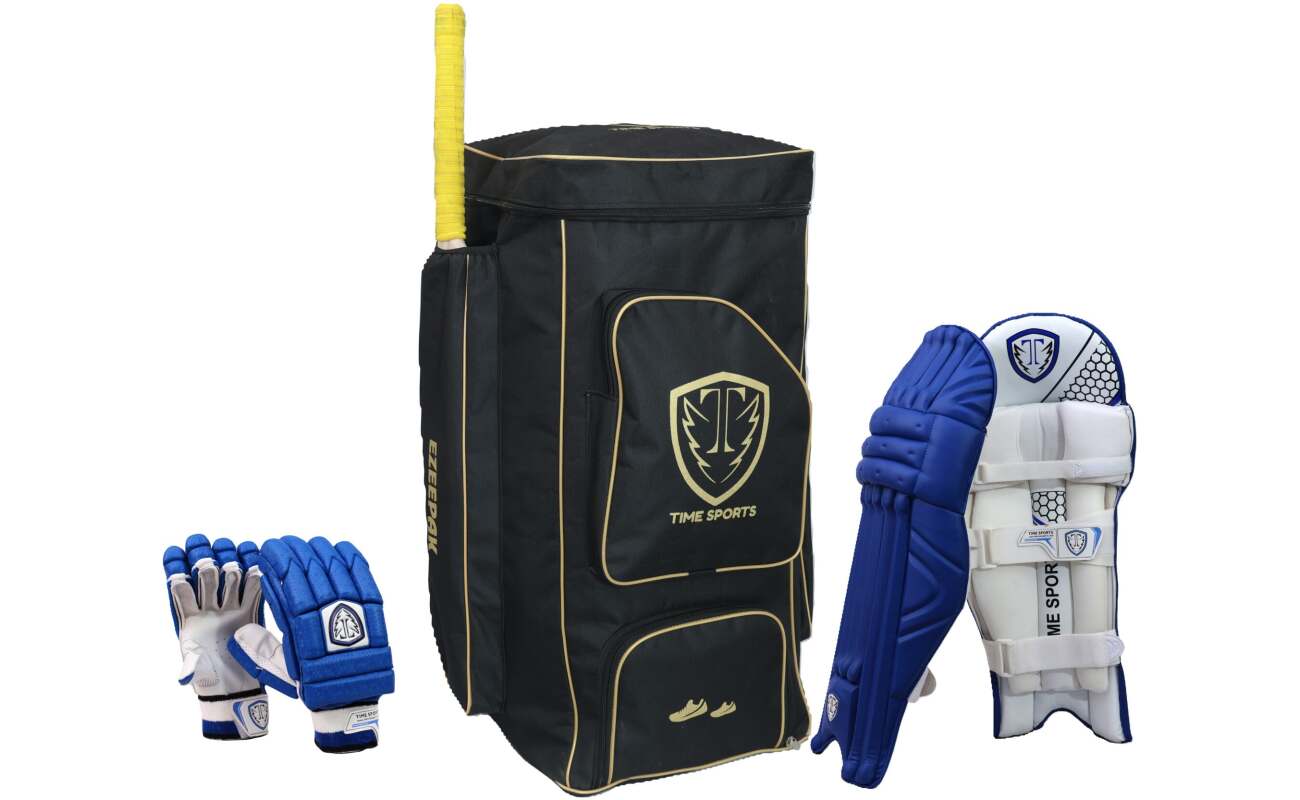 EzeePak Duffle Kit Bag, Professional Batting Pads (Blue), Thigh Pad, Professional Cut Finger Batting Gloves (Blue) Kit